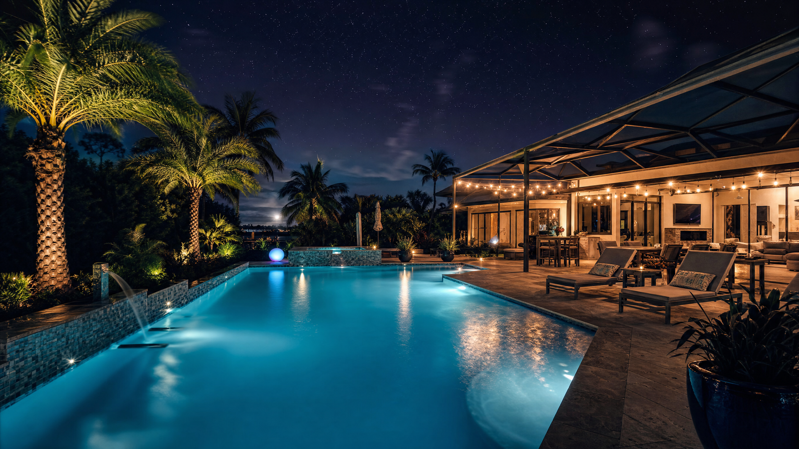 Luxury pool at night